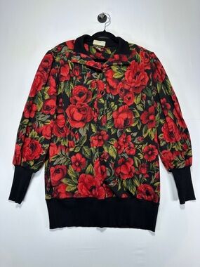 Vintage Gibi Roma Wool Floral Tunic Blouse Red Rose Print Collared Top 12